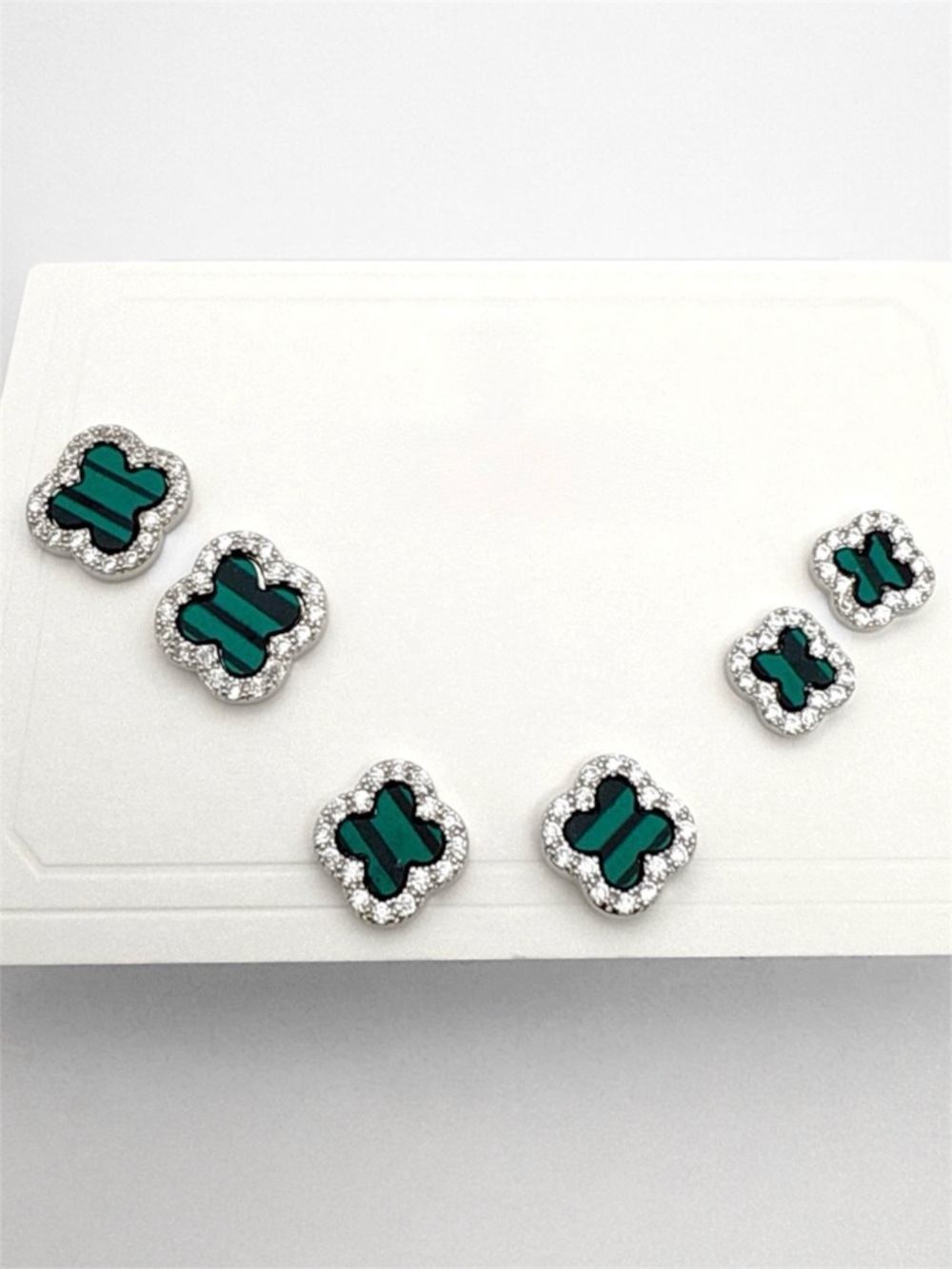 Malachite & Silver Clover Earrings Set 6 Pc Silver Plated